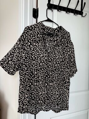 All Saints Black & Cream Leopard Print Oversized Blouse
